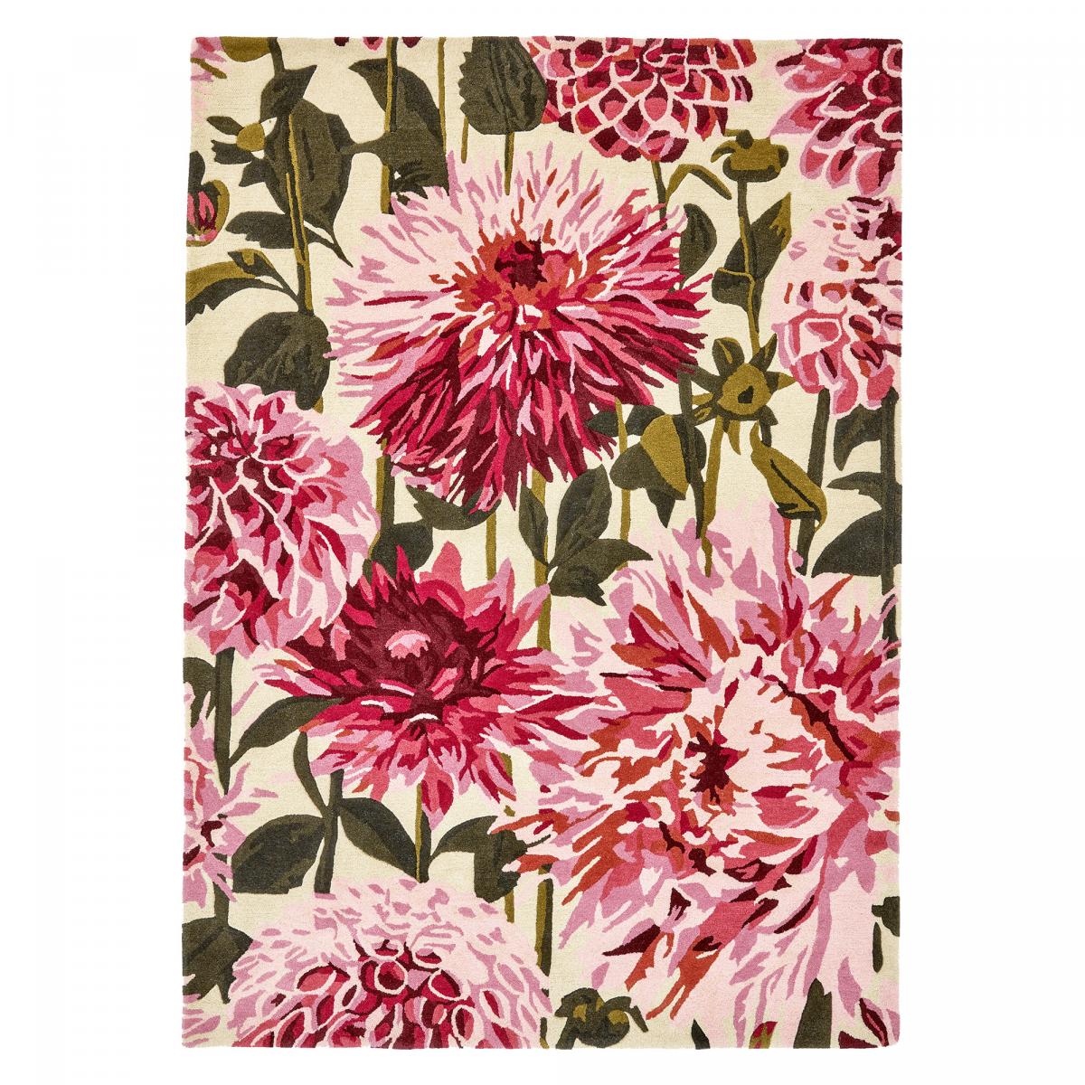 Tapis salon et chambre fait à la main en laine motif floral DAHLIA rose, vert, UN AMOUR DE TAPIS