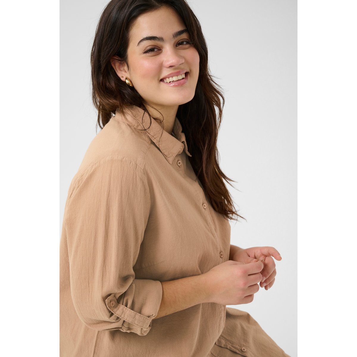 Long sleeved shirt beige classic sand, KAFFE CURVE