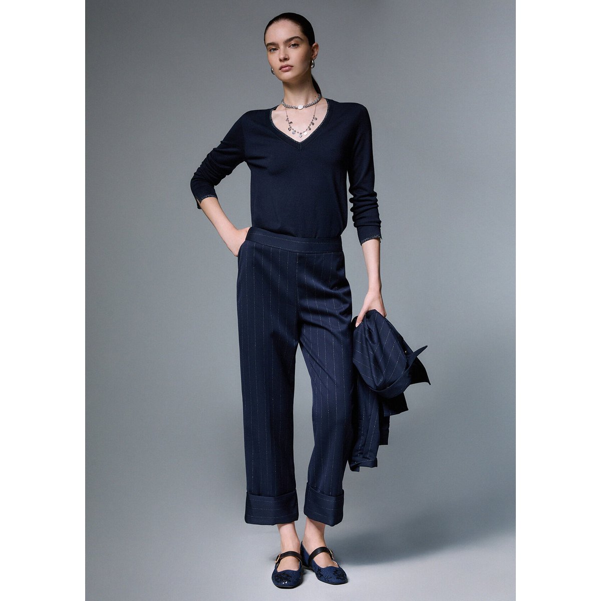 Pantalon cigarette à fines rayures bleu à rayures craie, LIU JO