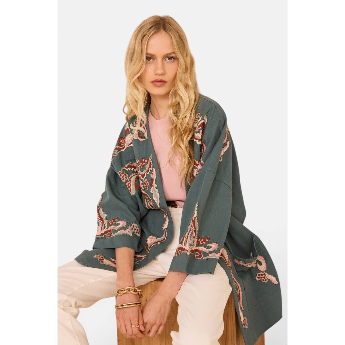 Veste brodée à manches 3/4 en coton NOURIA petrole, Maison 123