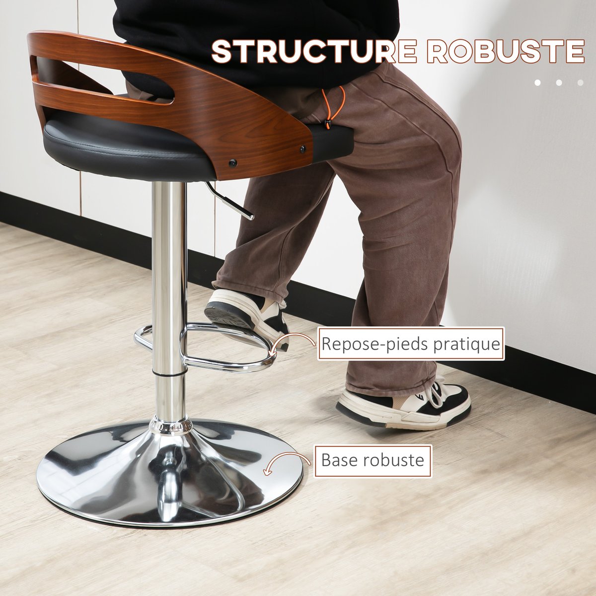 Tabouret de bar revêtement synthétique PU noir, aspect bois, chrome, HOMCOM