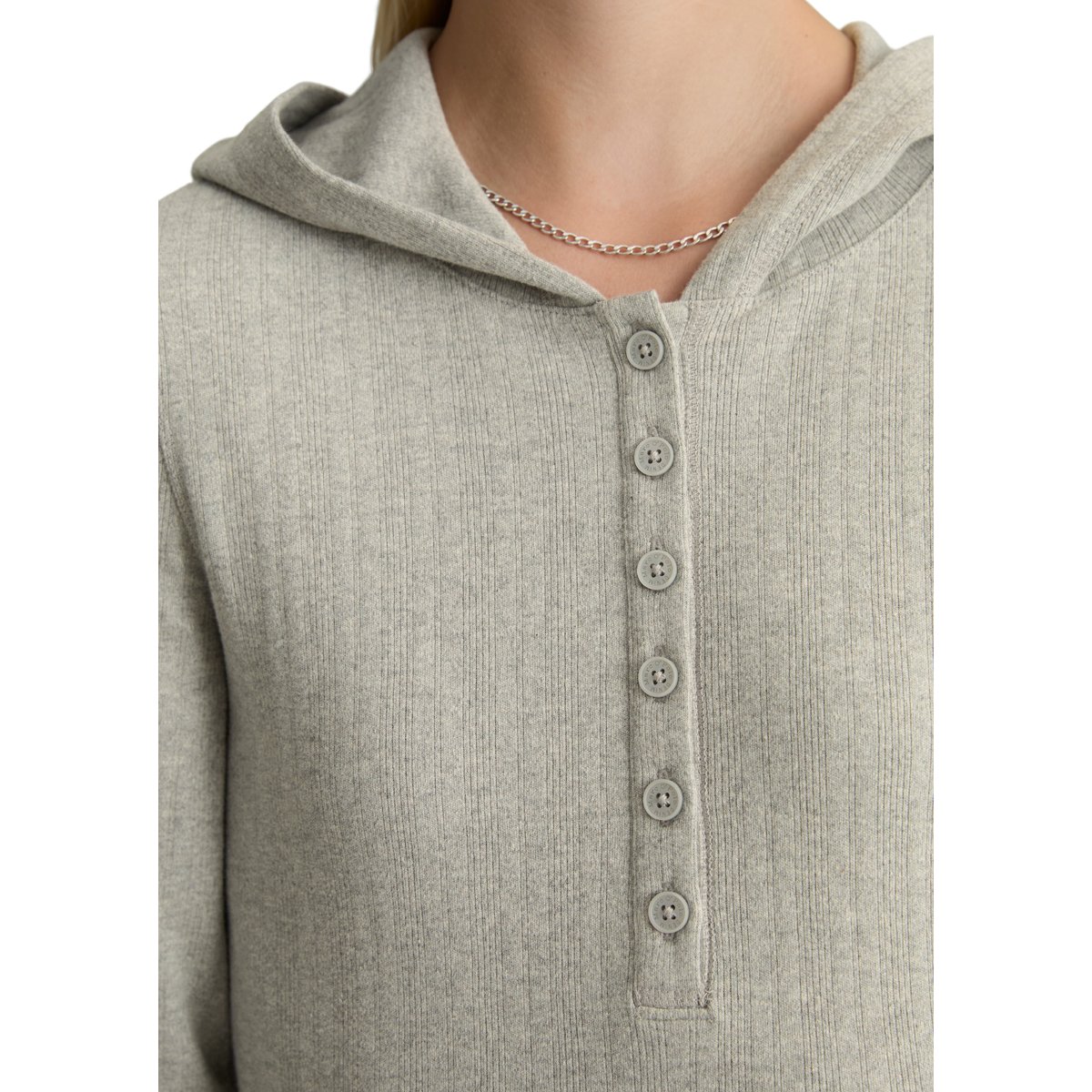 T-shirt à manches longues en jersey côtelé, à capuche, coupe ajustée en pur coton biologique gris, MARC O’POLO DENIM