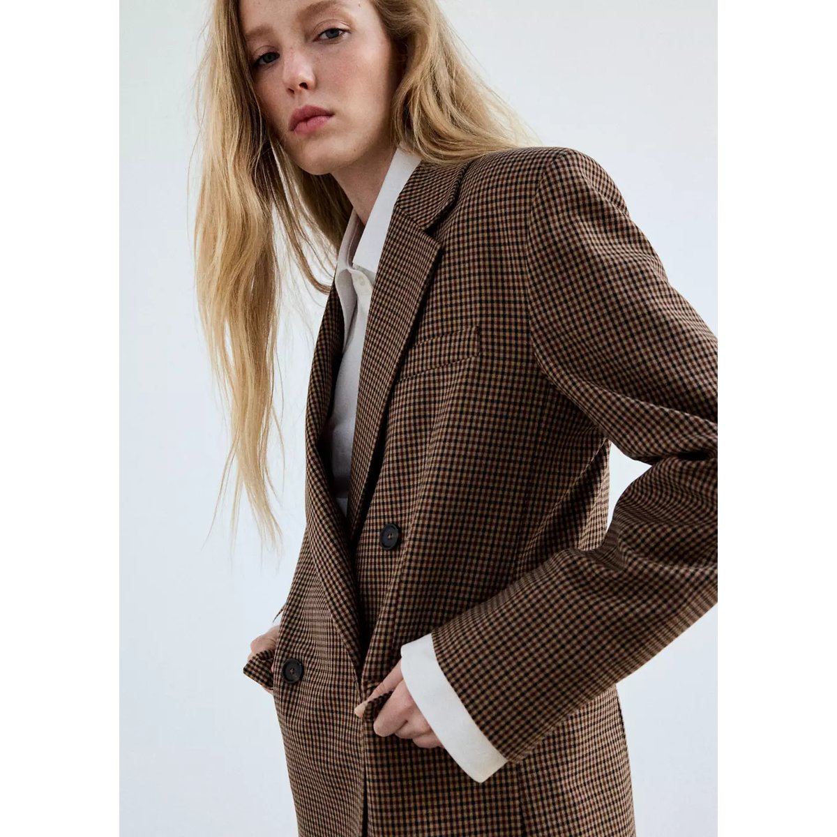 Blazer pied-de-poule revers tabac, MANGO