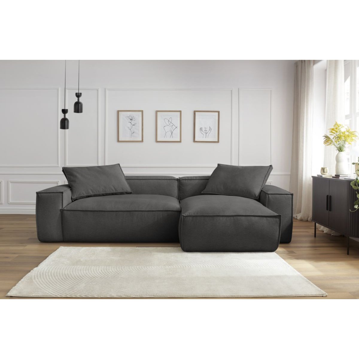 Canapé d'angle fixe 3 places en tissu chiné, BOHEME gris foncé, BOBOCHIC