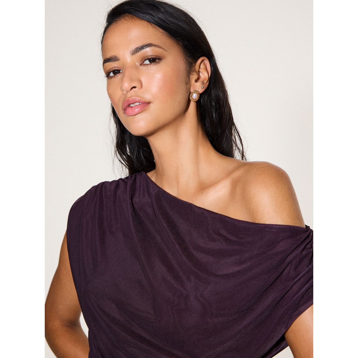 Robe mi-longue en mesh à épaules dénudées imprimé floral prune/jaune, NEXT