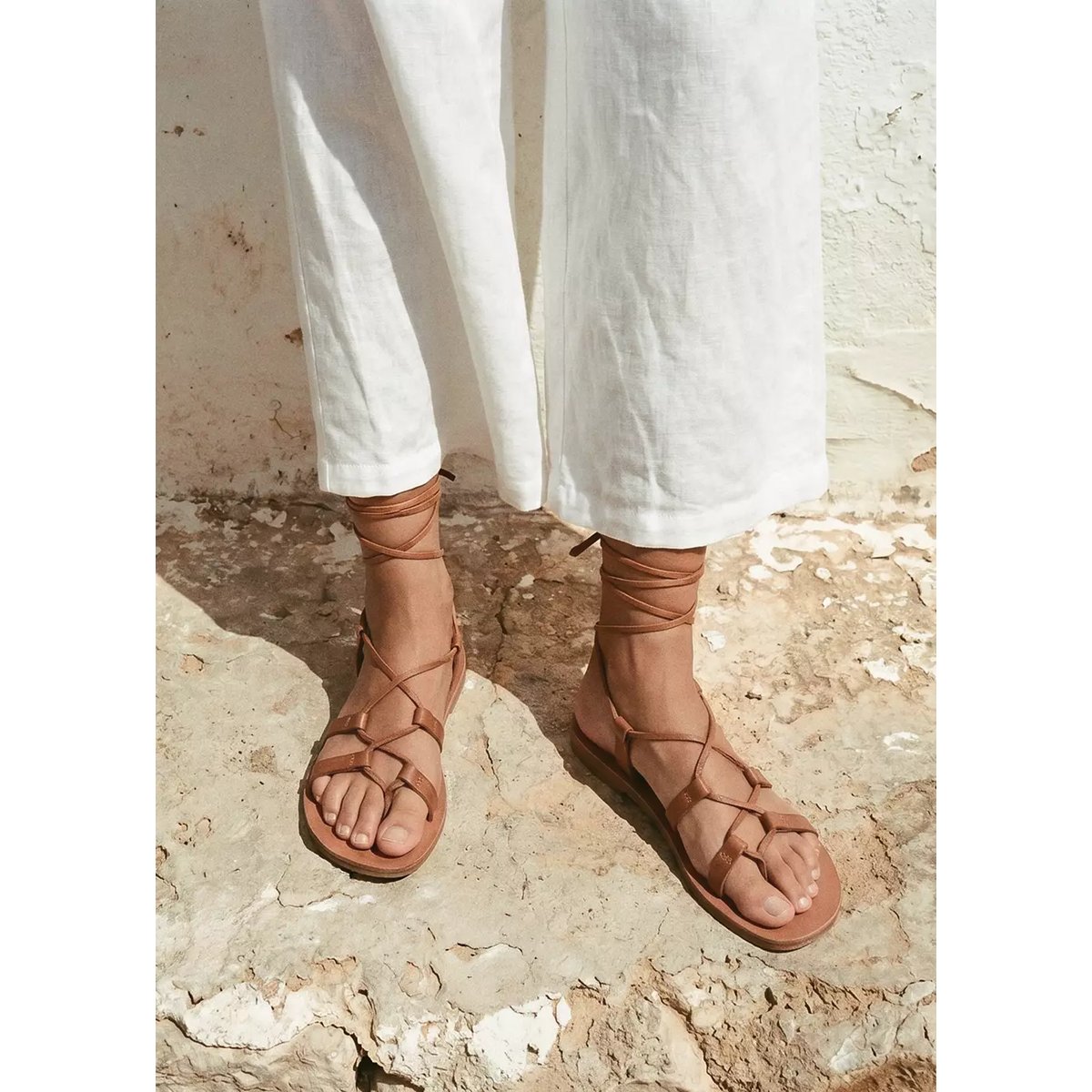 Sandales cuir lanières croisées marron moyen, MANGO TEEN