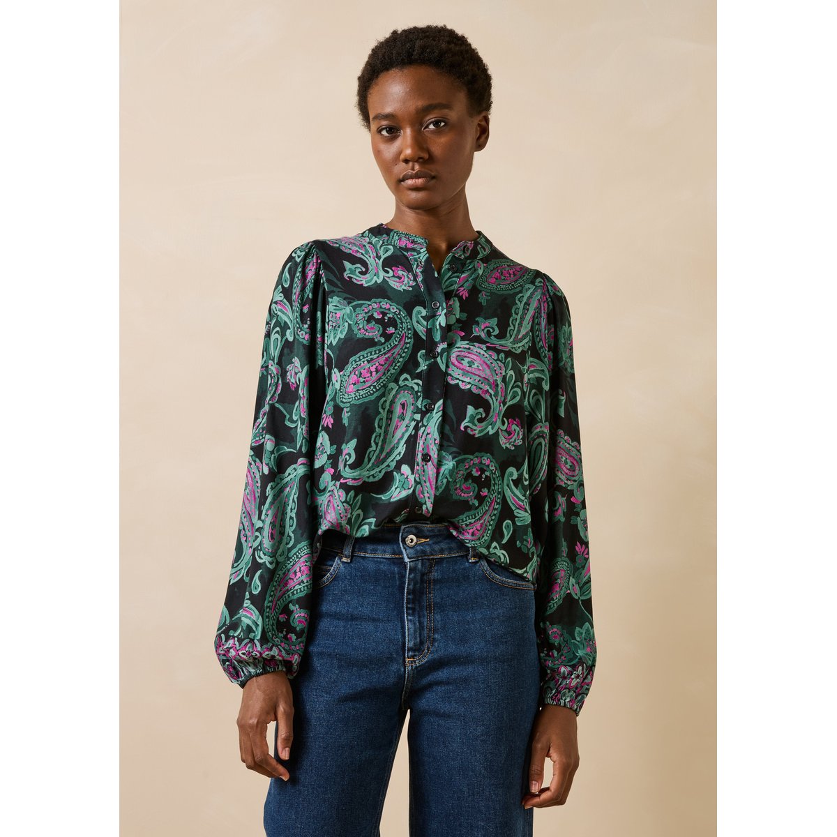Chemise manches longues imprimée encolure tunisienne petrole, LA FEE MARABOUTEE