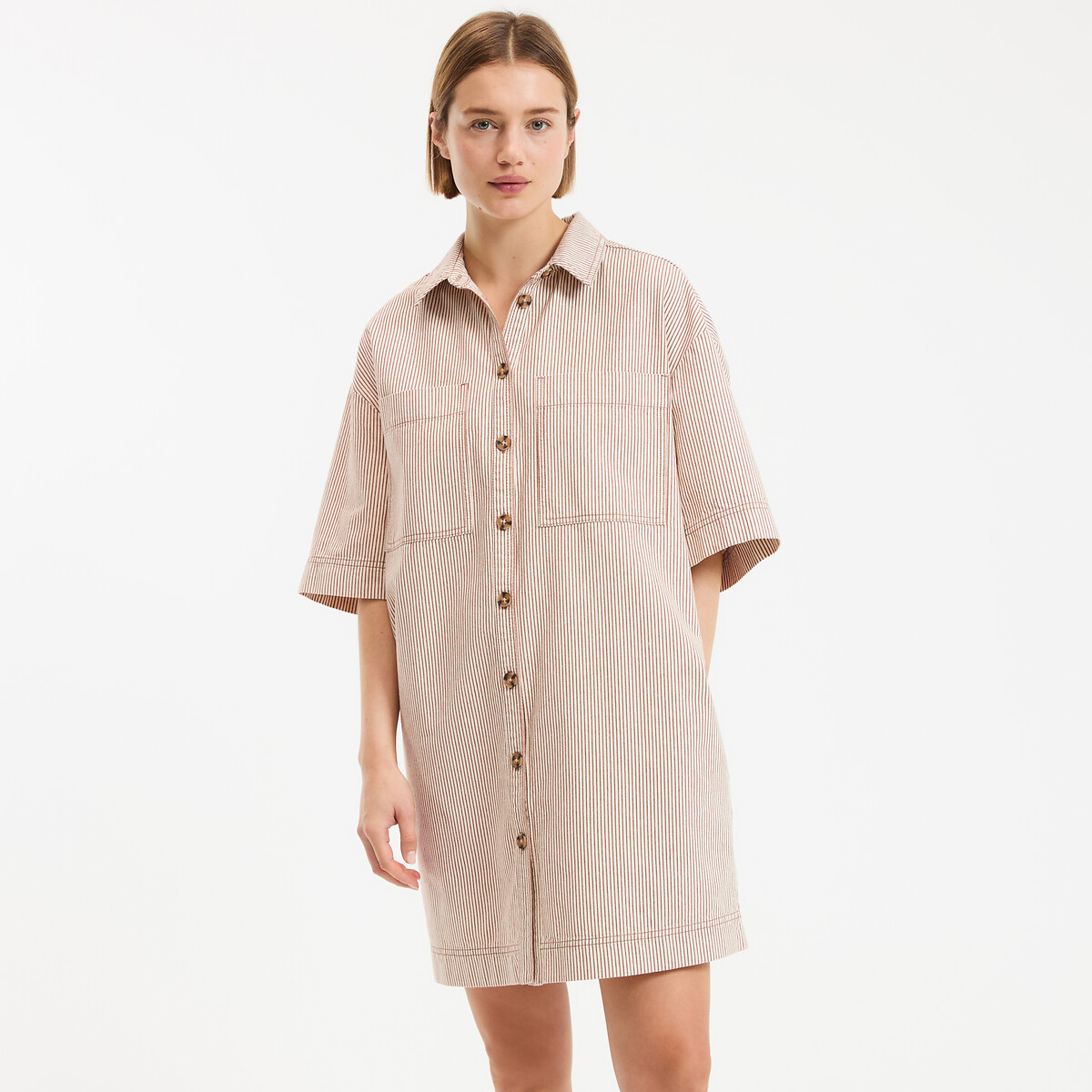 Robe courte ample à rayures en coton, Signature SARA rayé écru/marron, LA REDOUTE COLLECTIONS