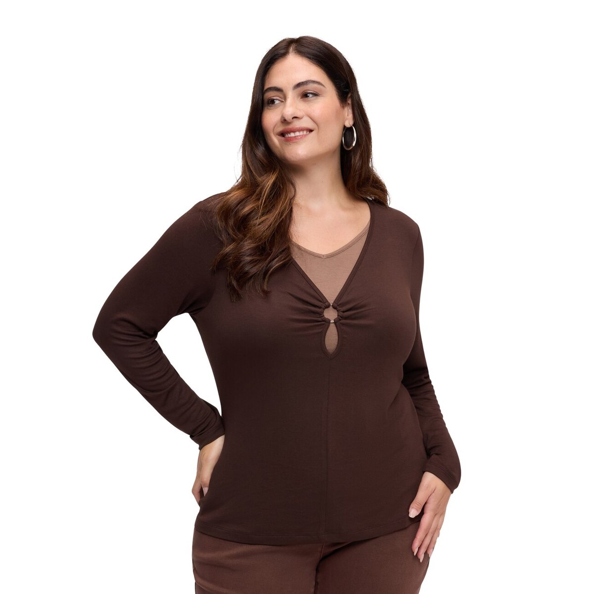 T-shirt avec empiècement col en V marron, FIORELLA RUBINO