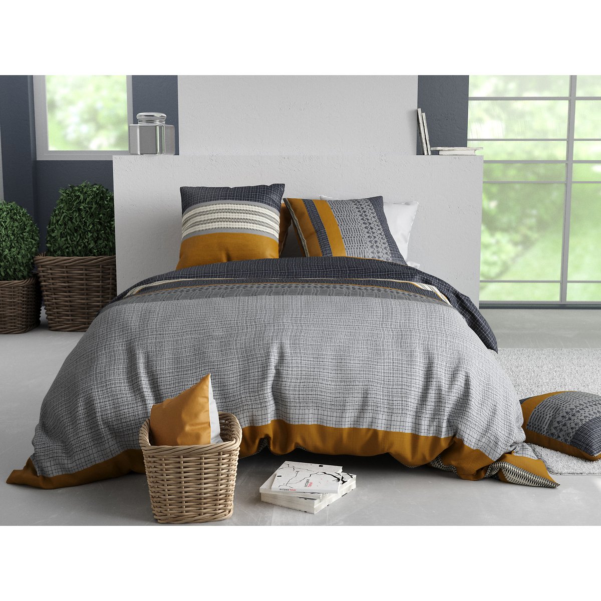 Parure housse de couette en coton imprimée, Elka gris, ATELIER DU COTON