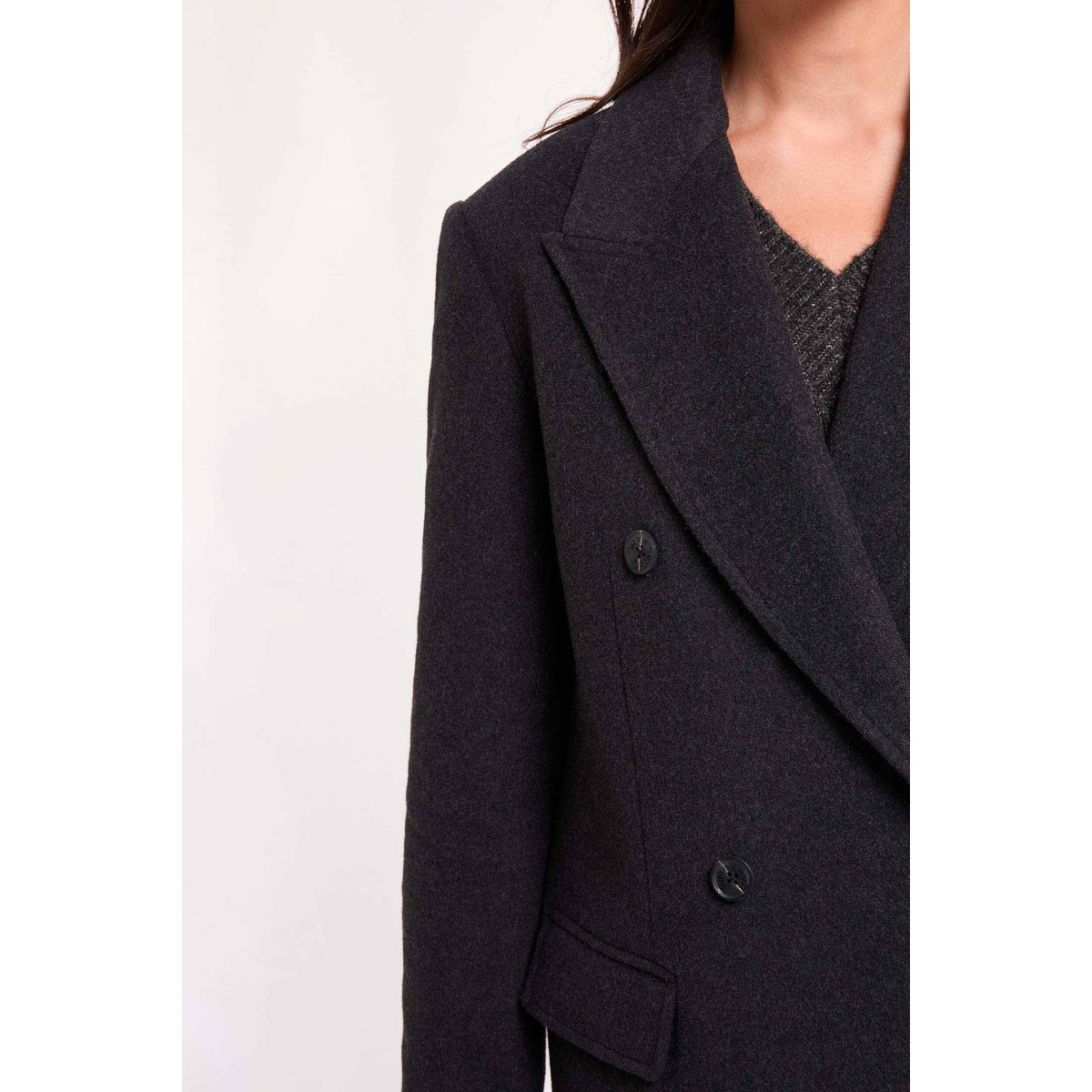 Manteau long col tailleur denim gris fonce, MORGAN