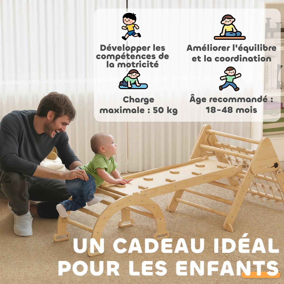 Parcours d'escalade pour enfants Boid de bois naturel, AIYAPLAY