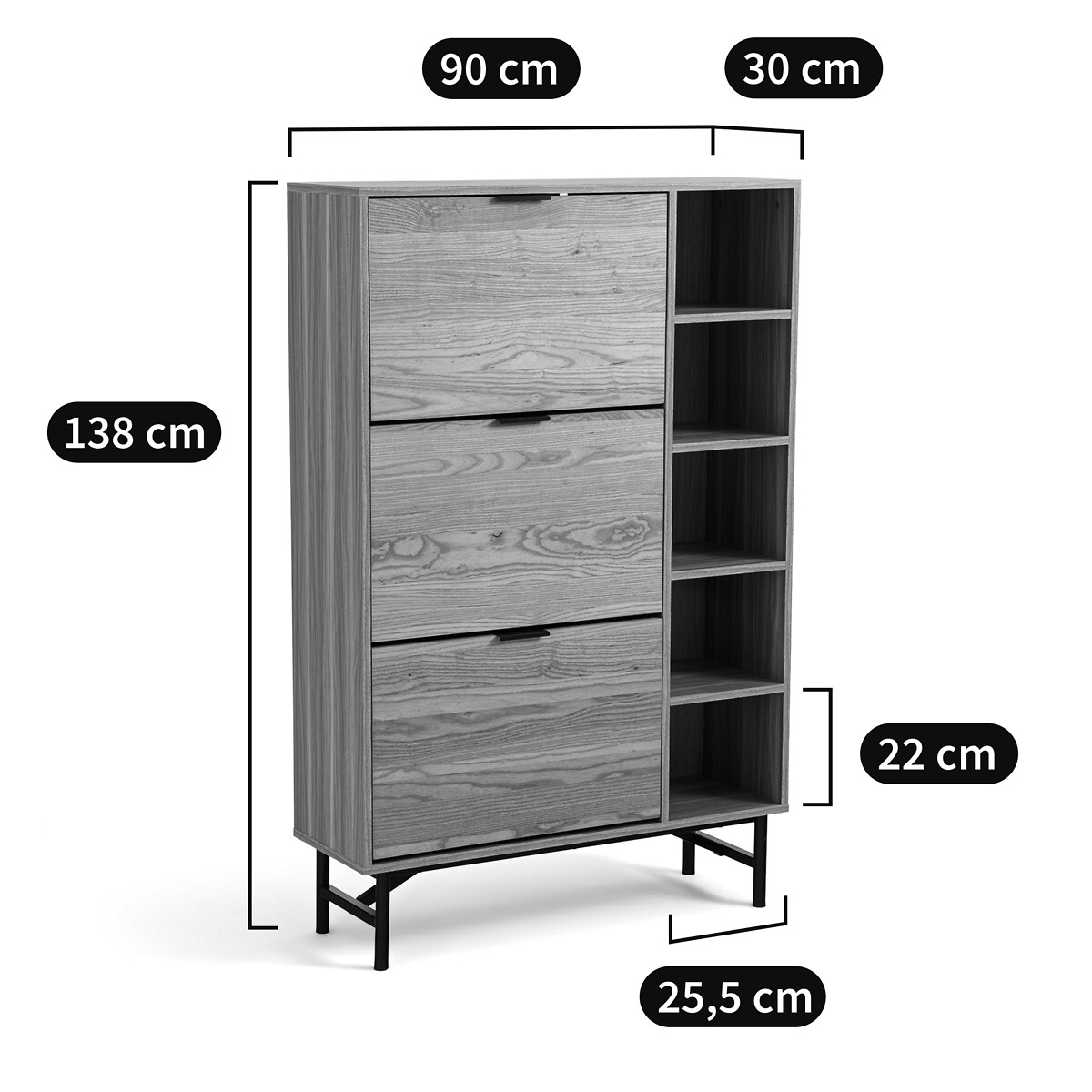 Meuble à chaussures 3 portes, Jarta bois/métal, LA REDOUTE INTERIEURS