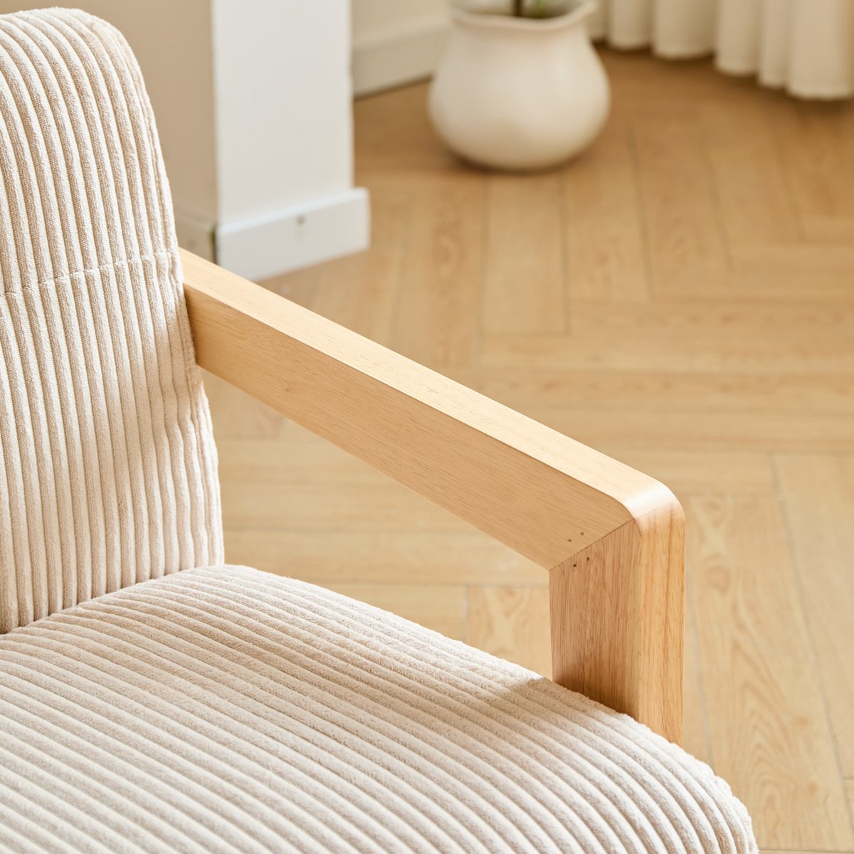 Fauteuil de salon en bois massif et velours côtelé, LERWICK beige, NORDLYS