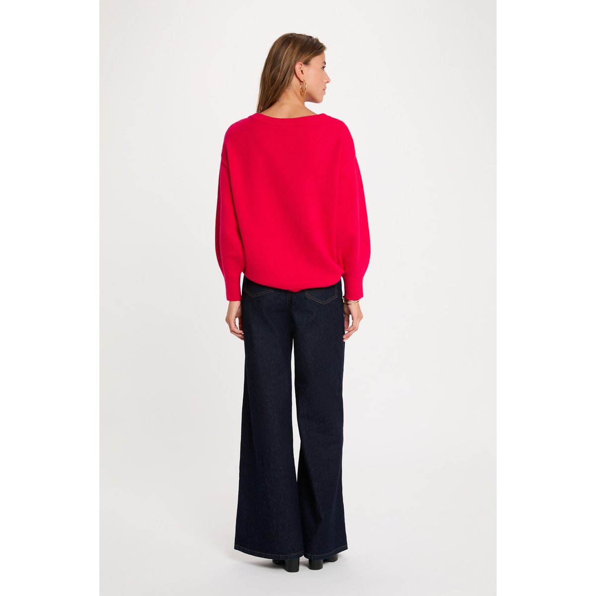 Pull col v asymétrique rose vif, MORGAN
