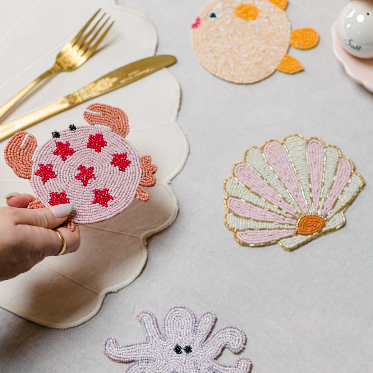 Set of 4 'Uner The Sea' Beaded Animal Coasters multi-coloured, YVONNE ELLEN