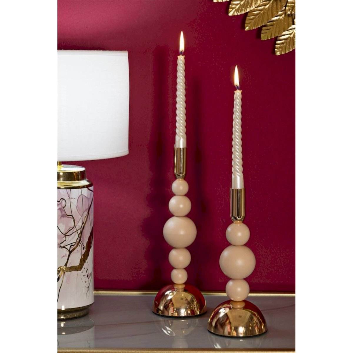 Bougeoirs sculpturaux en fer lot de 2 GLAM rose et doré, RECOLLECTION