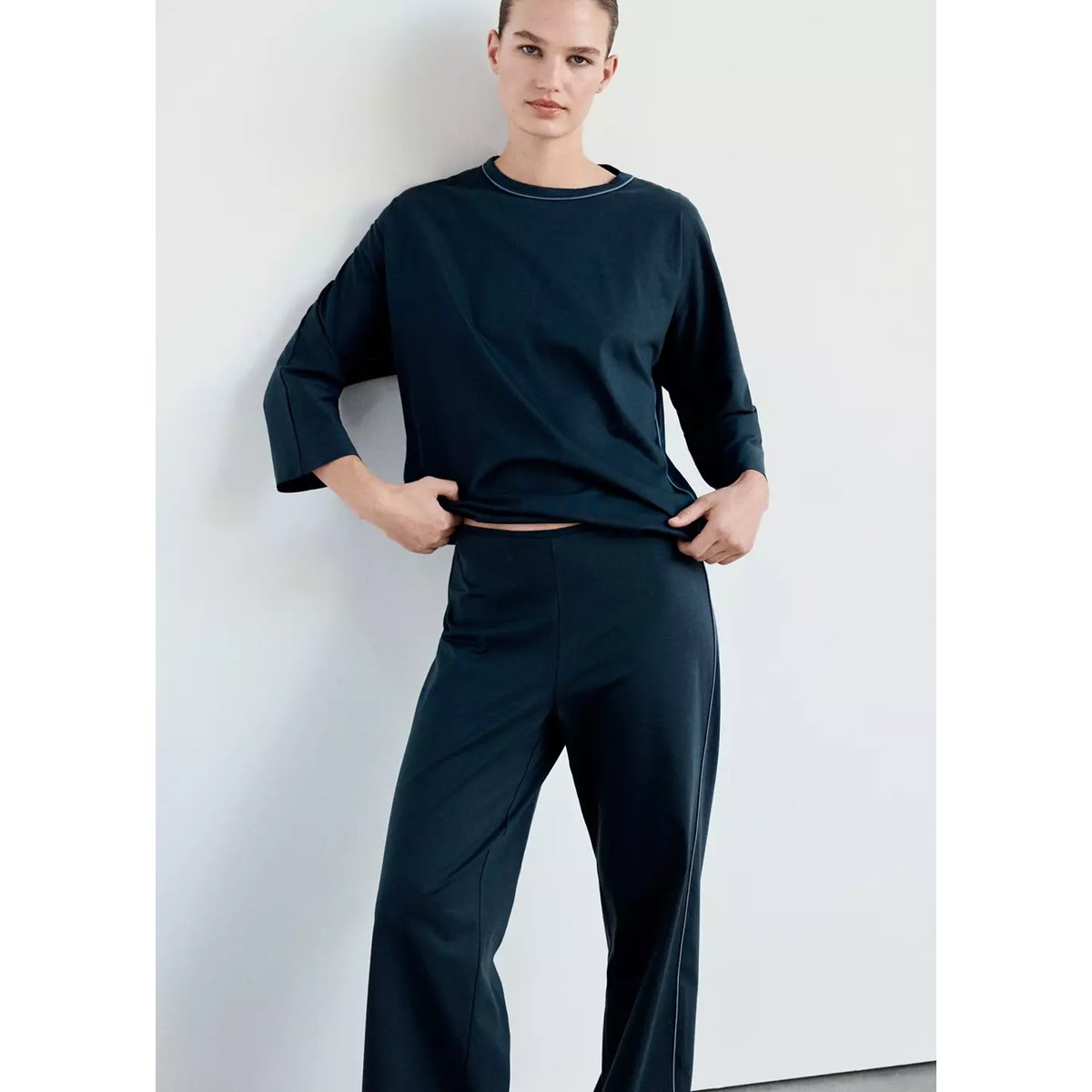 Pantalon de pyjama coton uni bleu marine, MANGO