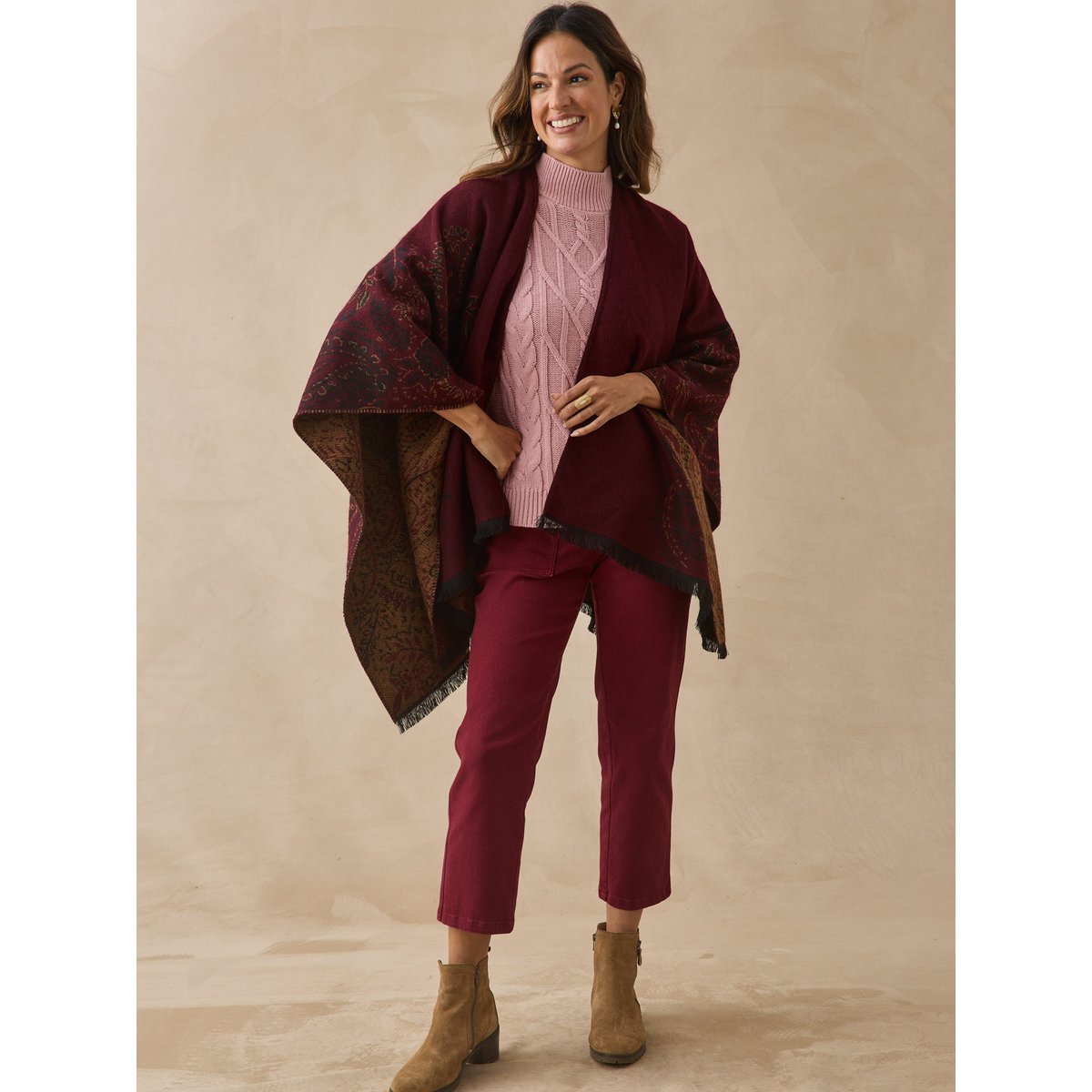 Poncho jacquard à franges bordeaux, DAXON