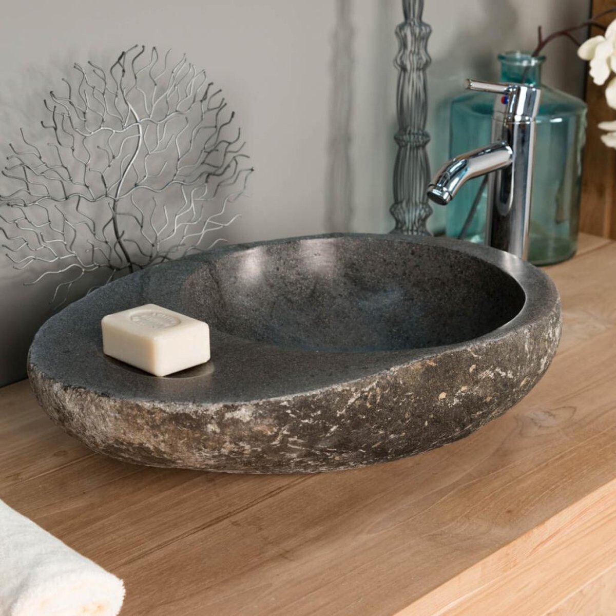 Vasque en galet de rivière ovale à poser 40-45 cm gris, WANDA COLLECTION