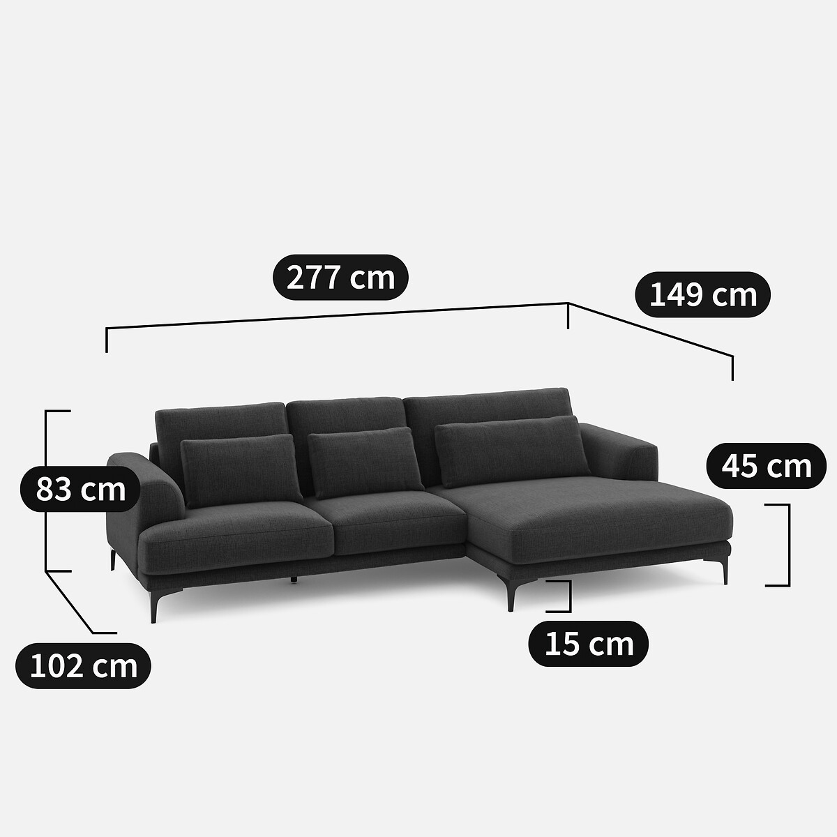Sofá esquinero chaise longue XL recto, en tejido jaspeado, MARSILE vert de minuit, AM.PM