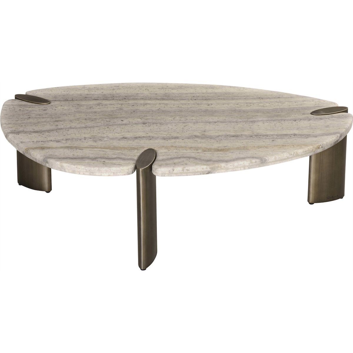 Table basse ARCADIA en pierre travertin gris travertin et métal bronze, RECOLLECTION