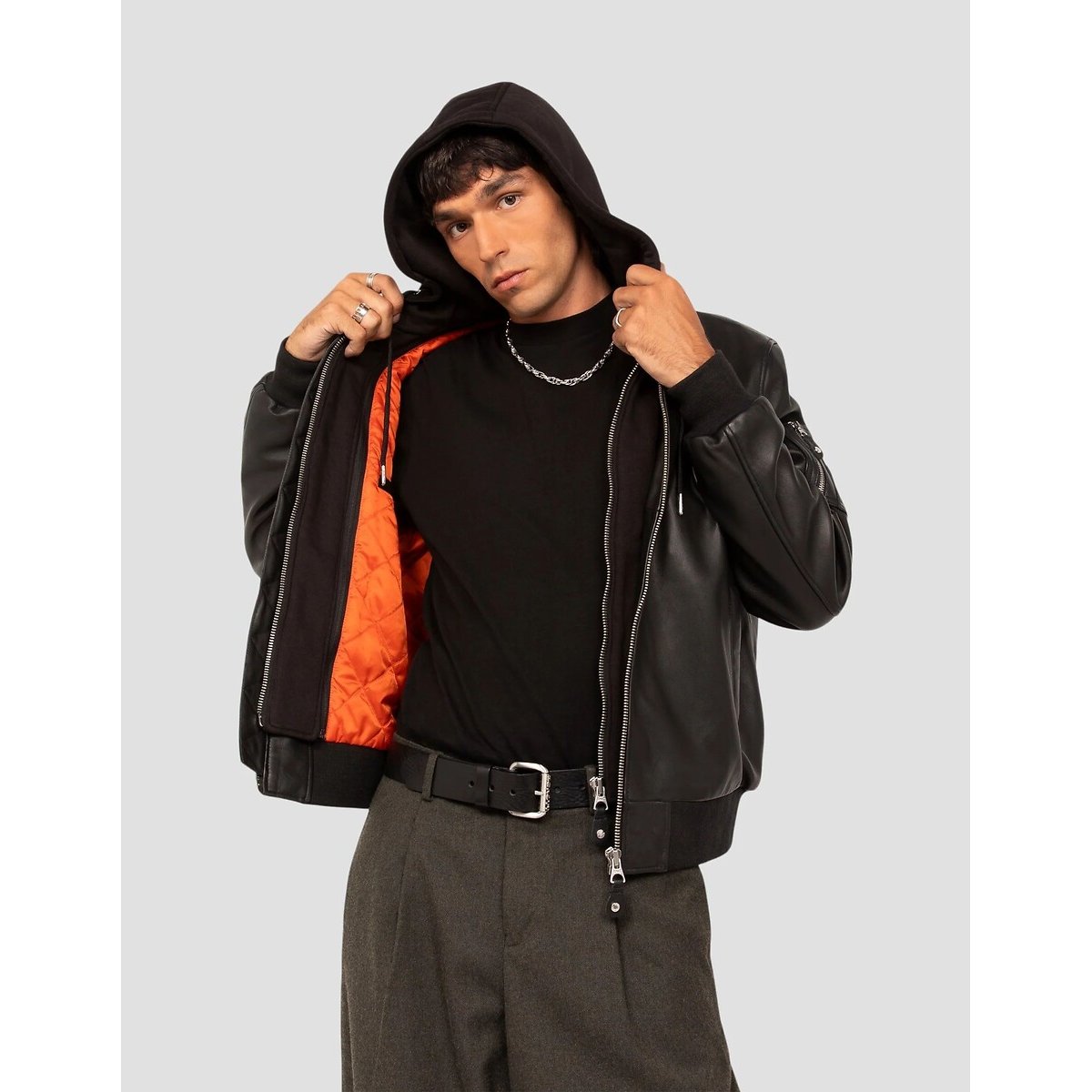 LCSPORT Hooded Leather Bomber Jacket black, SCHOTT