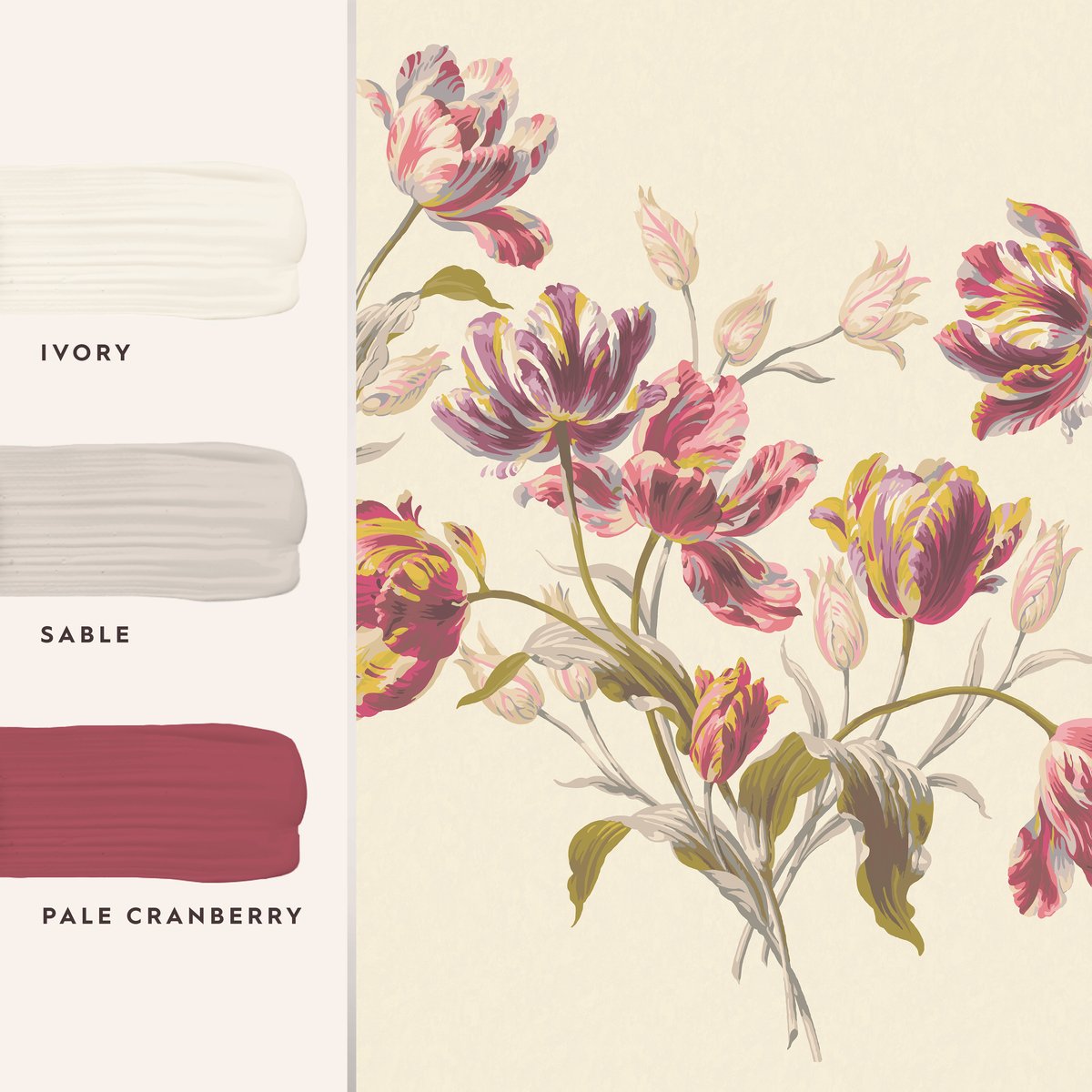 Papier peint panoramique fleuri Tulipes Gosford pourpre, rose, ocre, LAURA ASHLEY