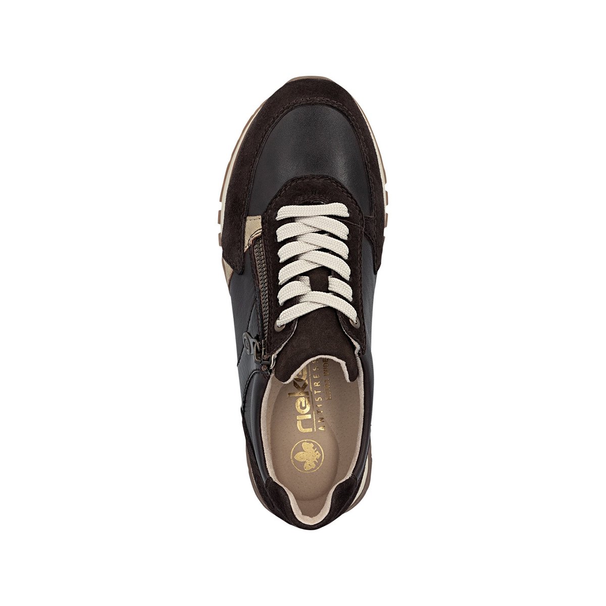 Baskets running en cuir brunes à talon plat avec lacets et zip latéral brun, RIEKER