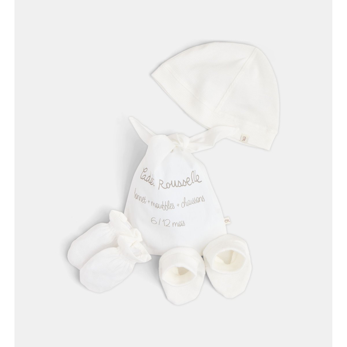 Ensemble bonnet moufles pantoufles tarpinou coton stretch écru, CADET ROUSSELLE