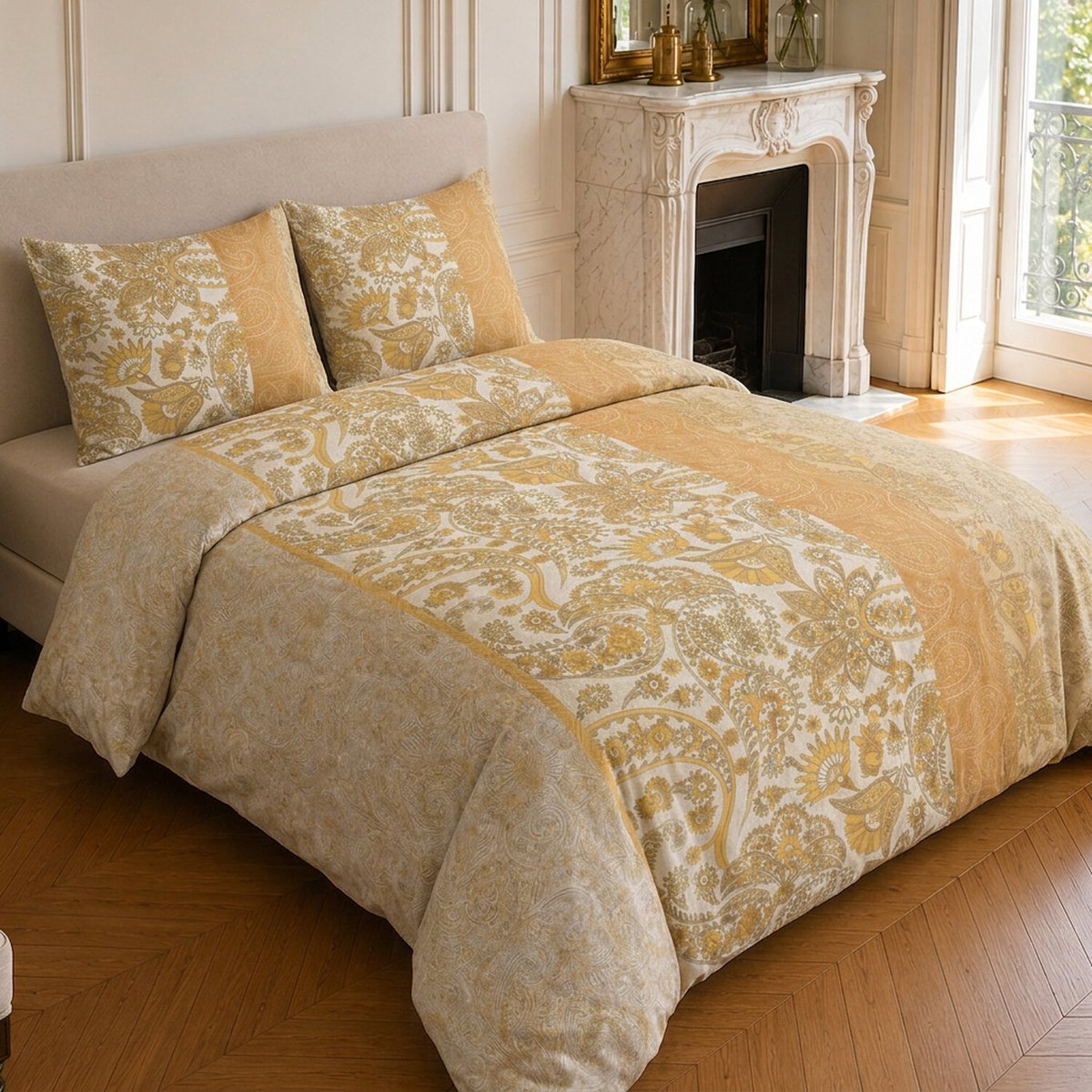 Parure de lit en coton motif floral, BOMBAY jaune, C DESIGN HOME TEXTILE