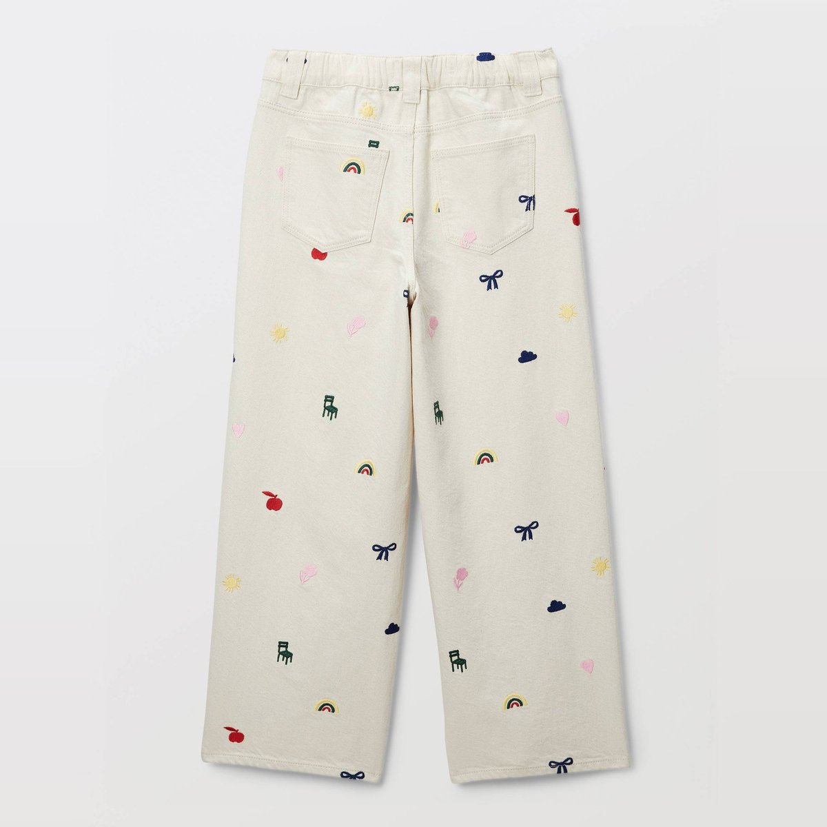 Pantalon large avec broderies en coton naturel, MONOPRIX
