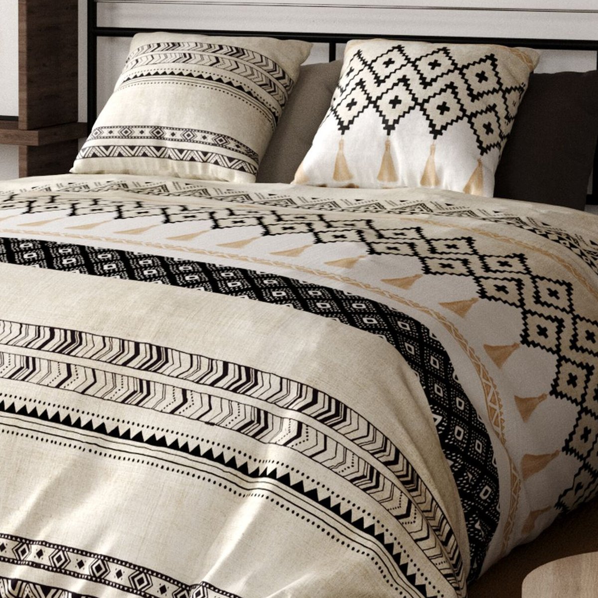 Parure housse de couette en coton imprimée, BOHEME beige, ATELIER DU COTON