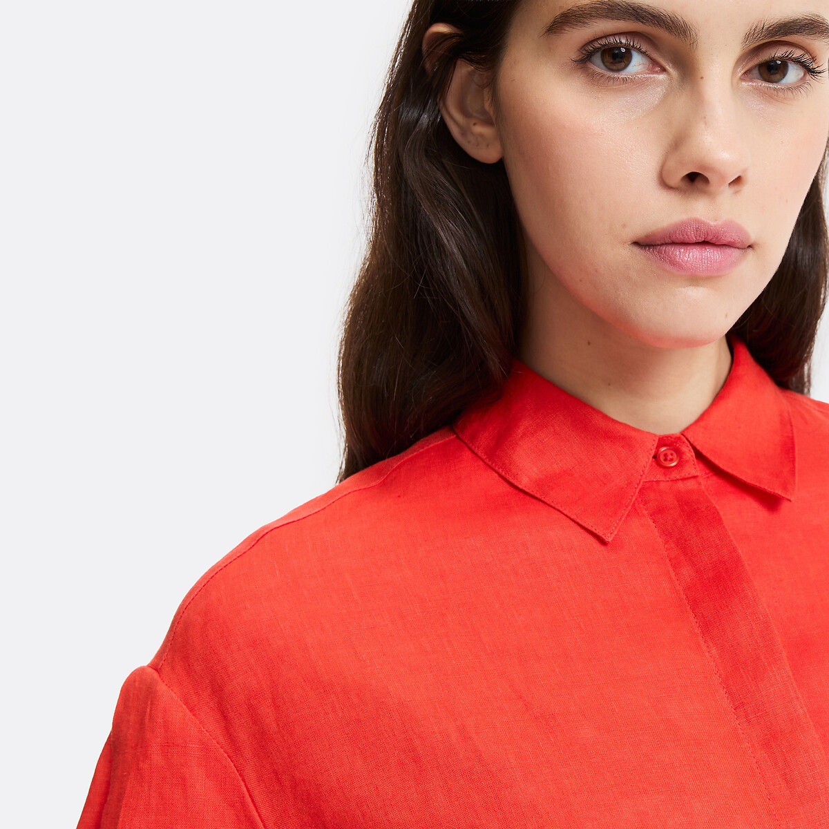Robe-chemise droite, en lin, longue, manches longues rouge grenadine, LA REDOUTE COLLECTIONS