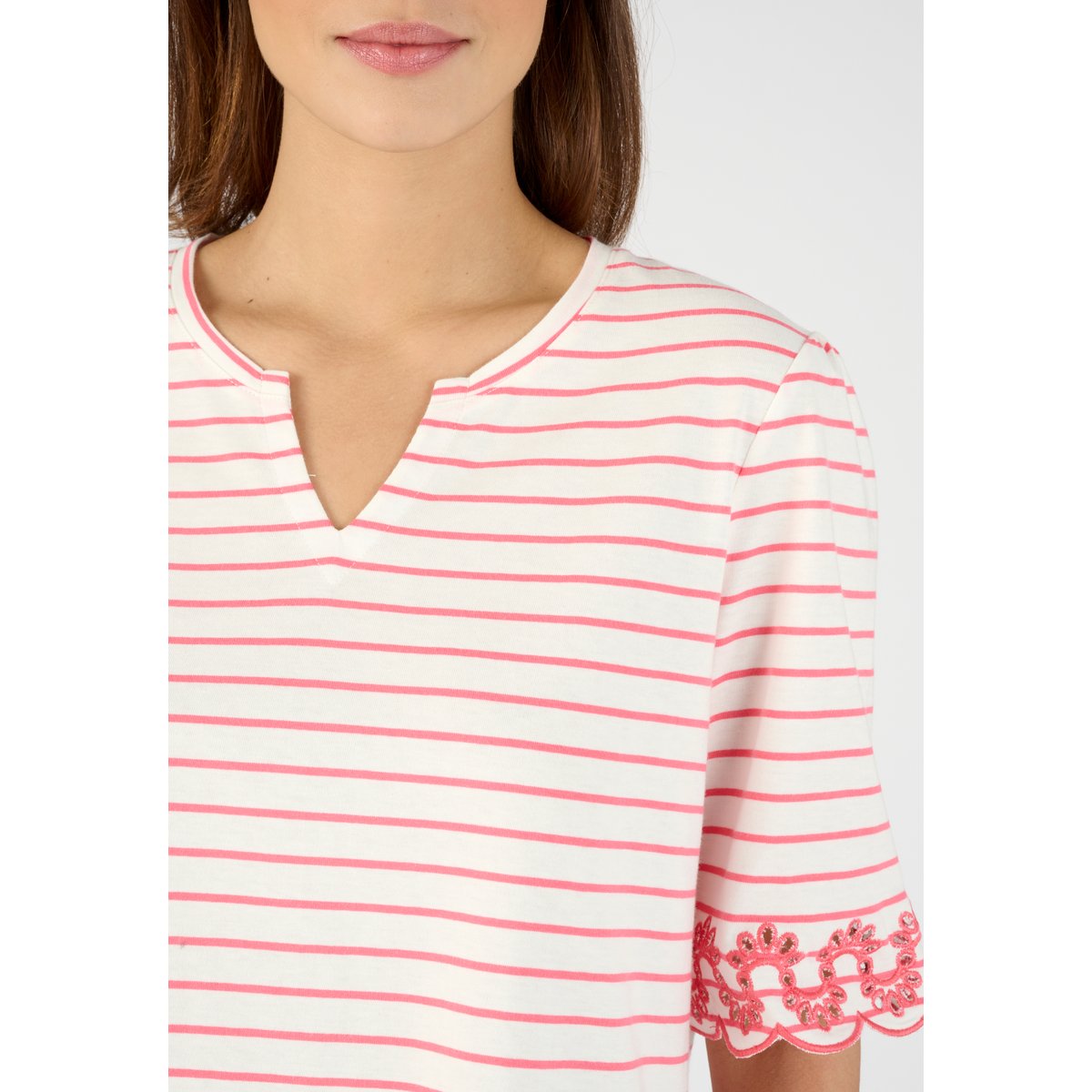 T-shirt imprimé détails brodés rose rouge rayé, DAMART