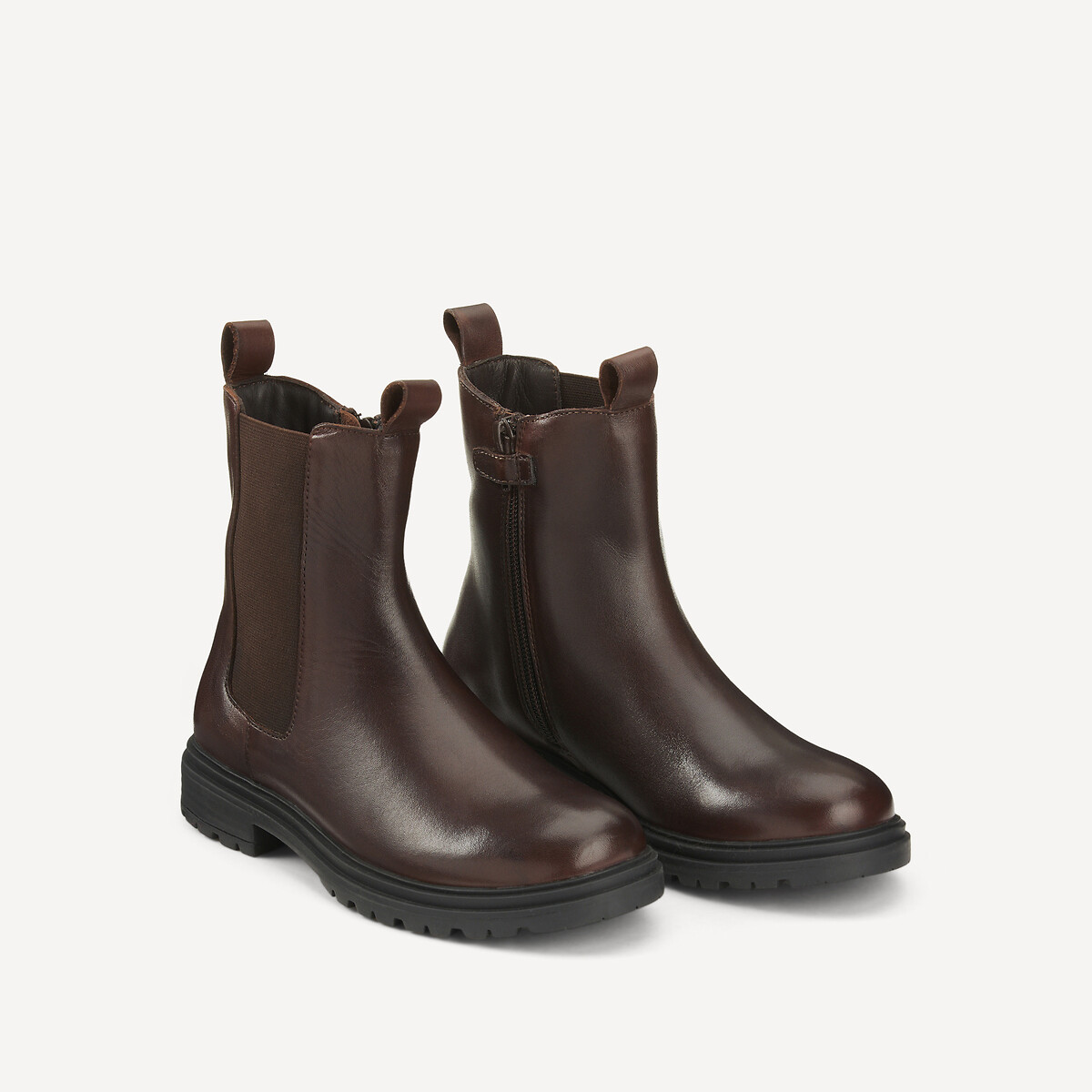 Bottines montantes en cuir zippées marron, LA REDOUTE COLLECTIONS