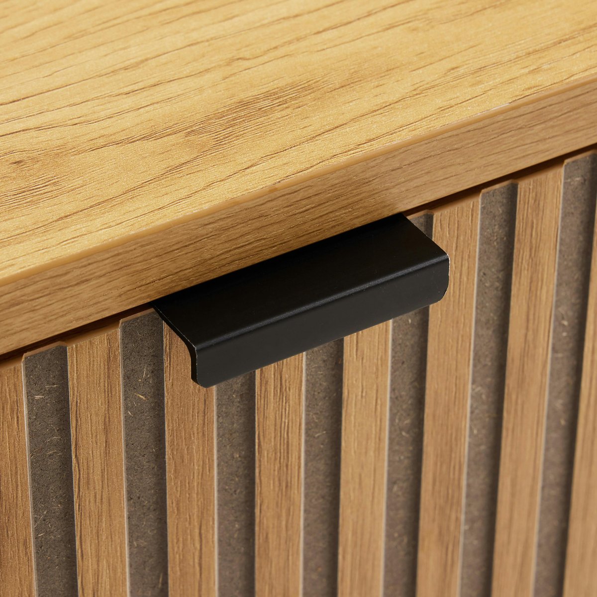 Chevet 2 tiroirs décor effet bois rainuré noir et naturel OLETTA bois naturel, PIER IMPORT