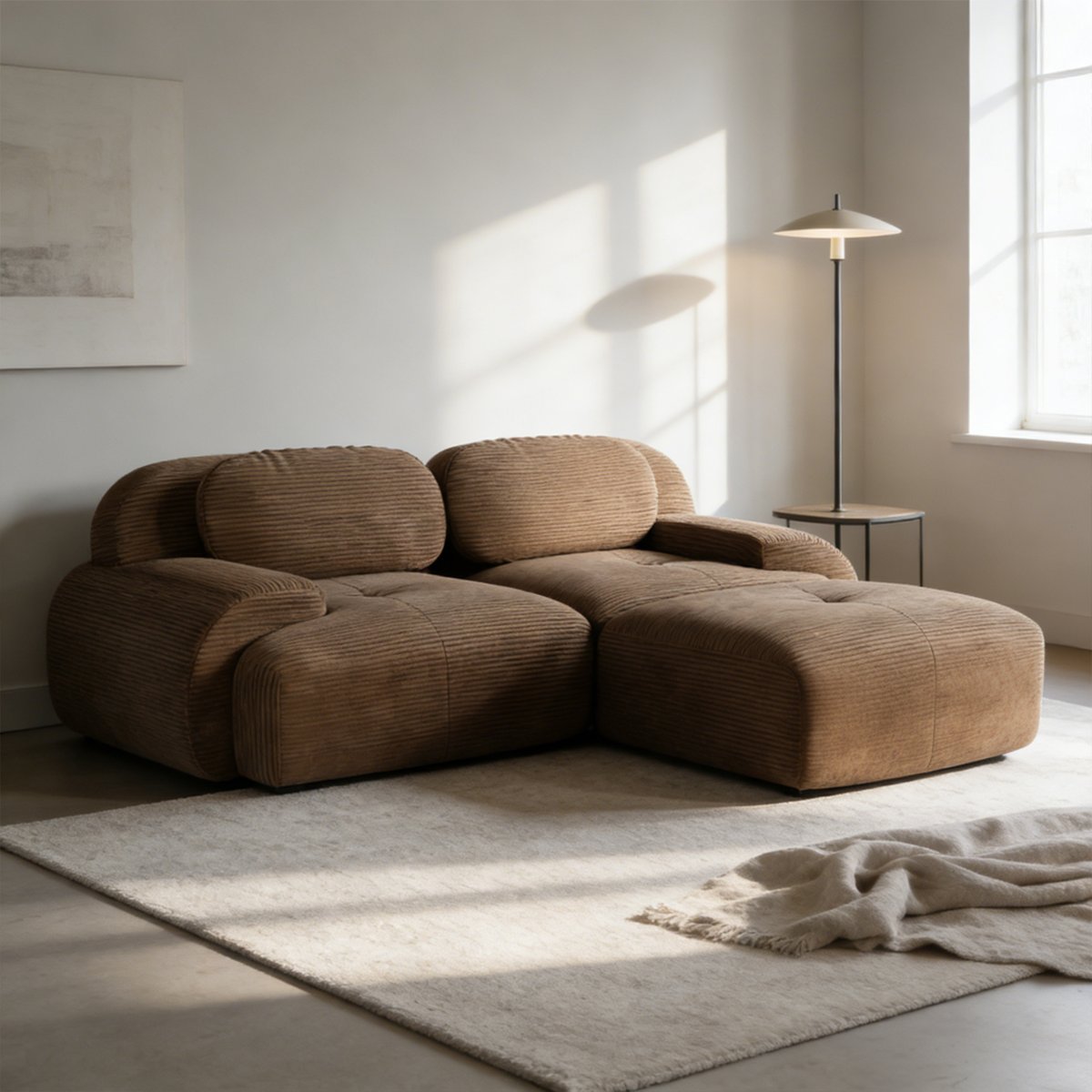 Canapé d'angle réversible 2 places avec pouf en velours côtelé, SNOW marron, MEUBLES COSY