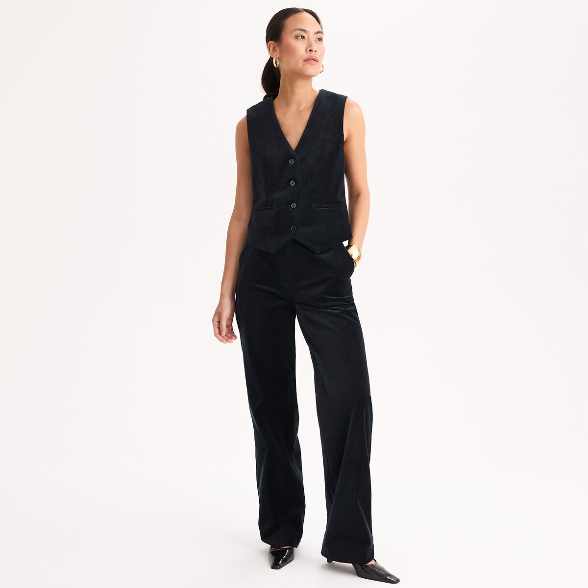 Veste sans manches en velours lisse bleu marine, ANNE WEYBURN