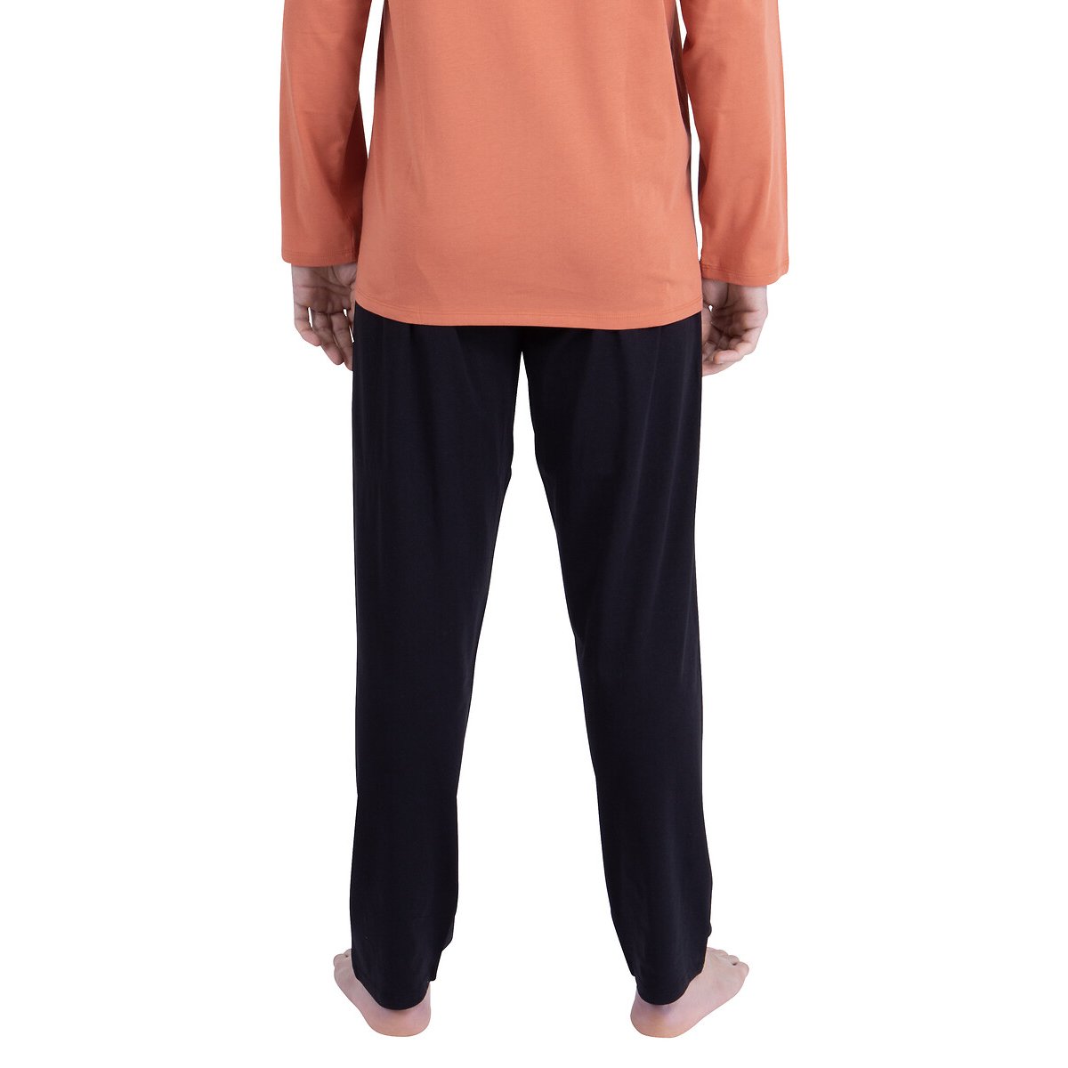 Pigiama lungo in cotone, a maniche lunghe nero/terracotta, ATHENA