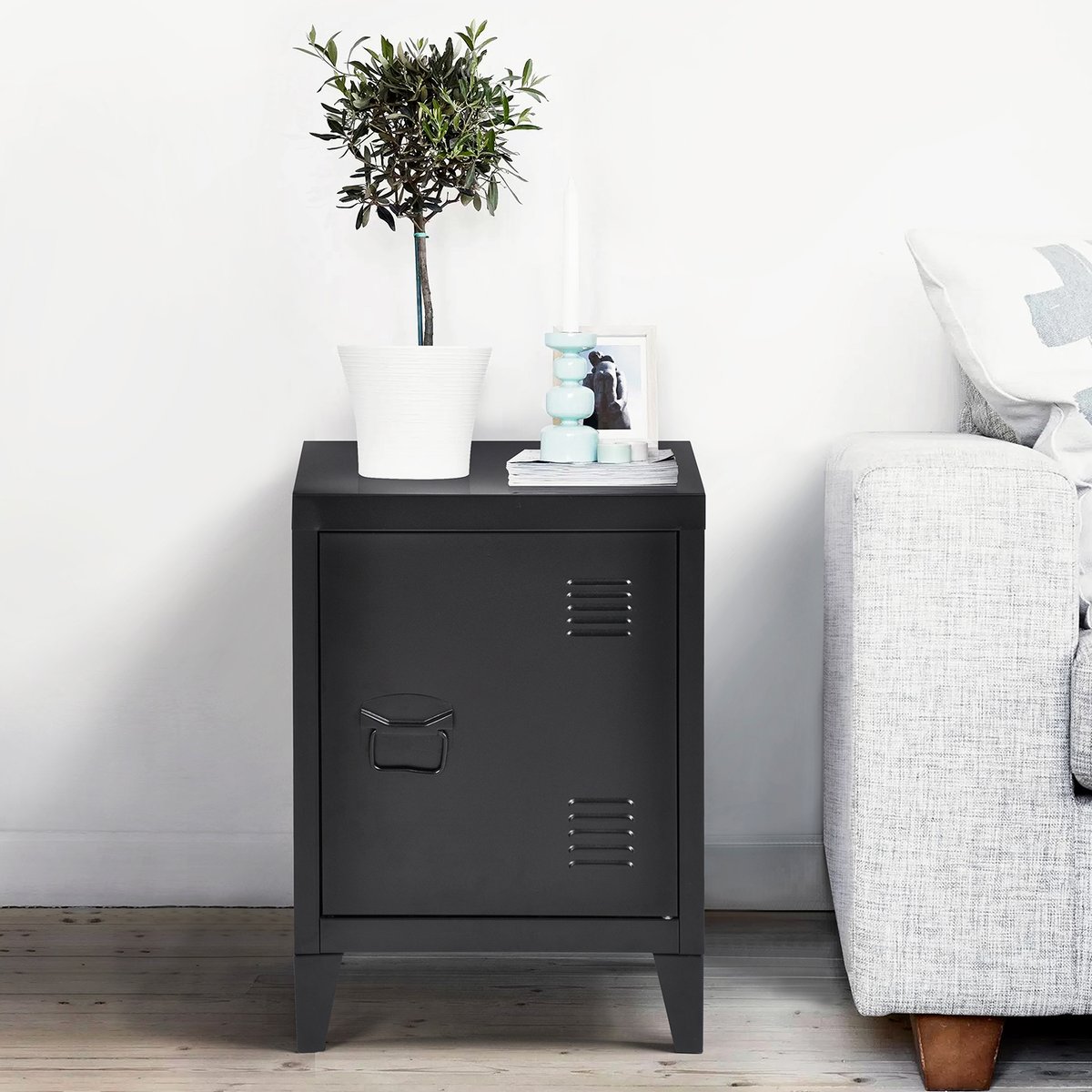 Armoire de rangement en métal 1 porte 1 étagère style industriel, GRAVES noir, MEUBLES COSY