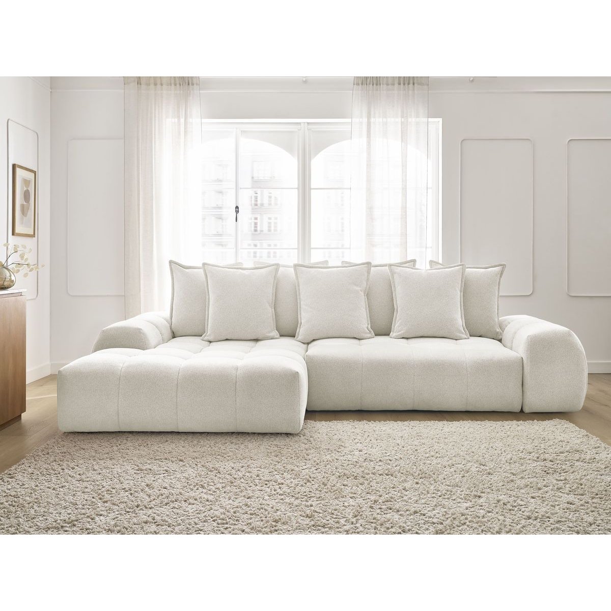 Canapé d'angle convertible 3 places en tissu chiné, EVEREST blanc, BOBOCHIC