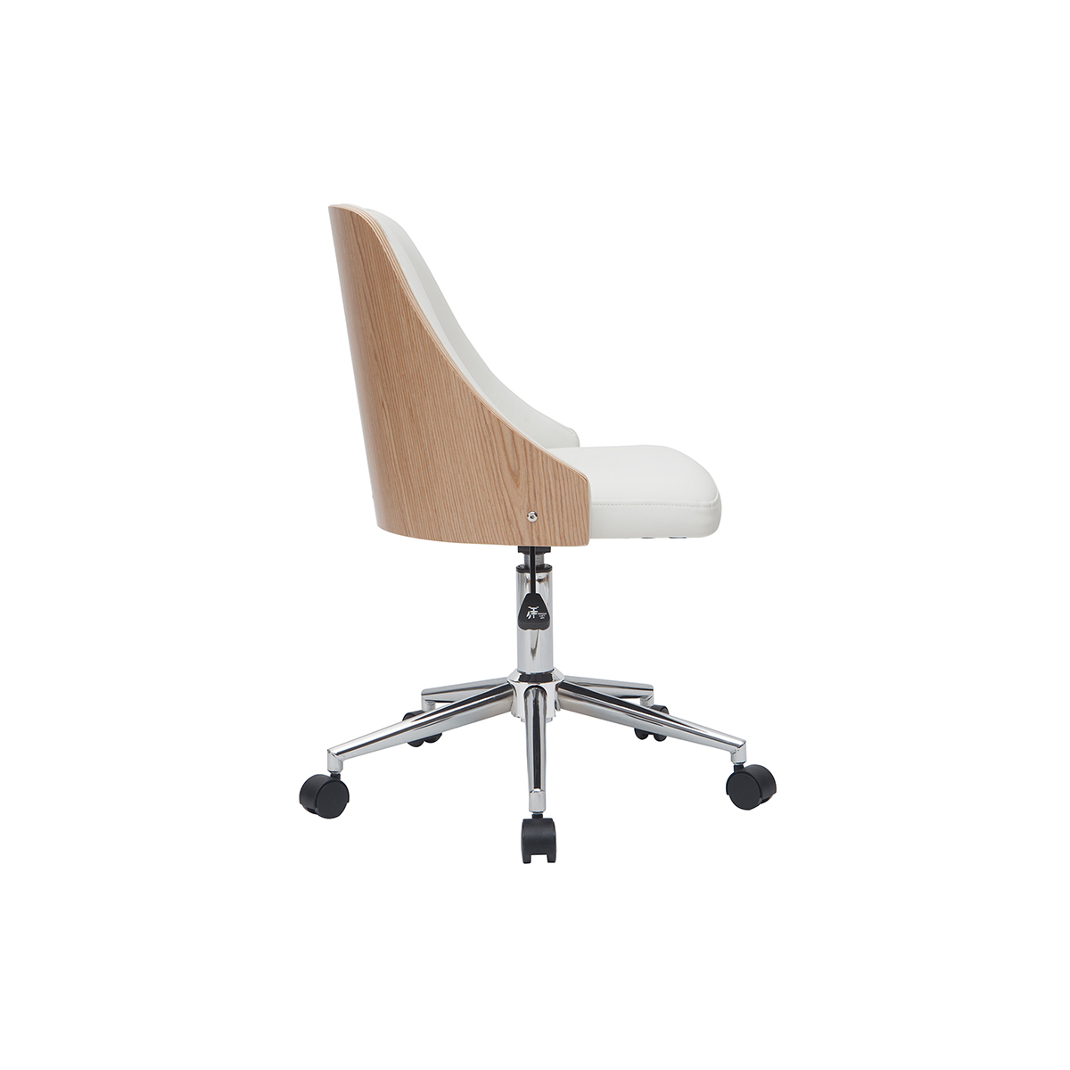 Chaise de bureau à roulettes design blanc, bois clair et acier chromé QUINO blanc, MILIBOO