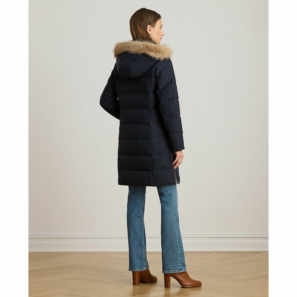 Chaqueta acolchada semilarga con capucha azul marino, LAUREN RALPH LAUREN