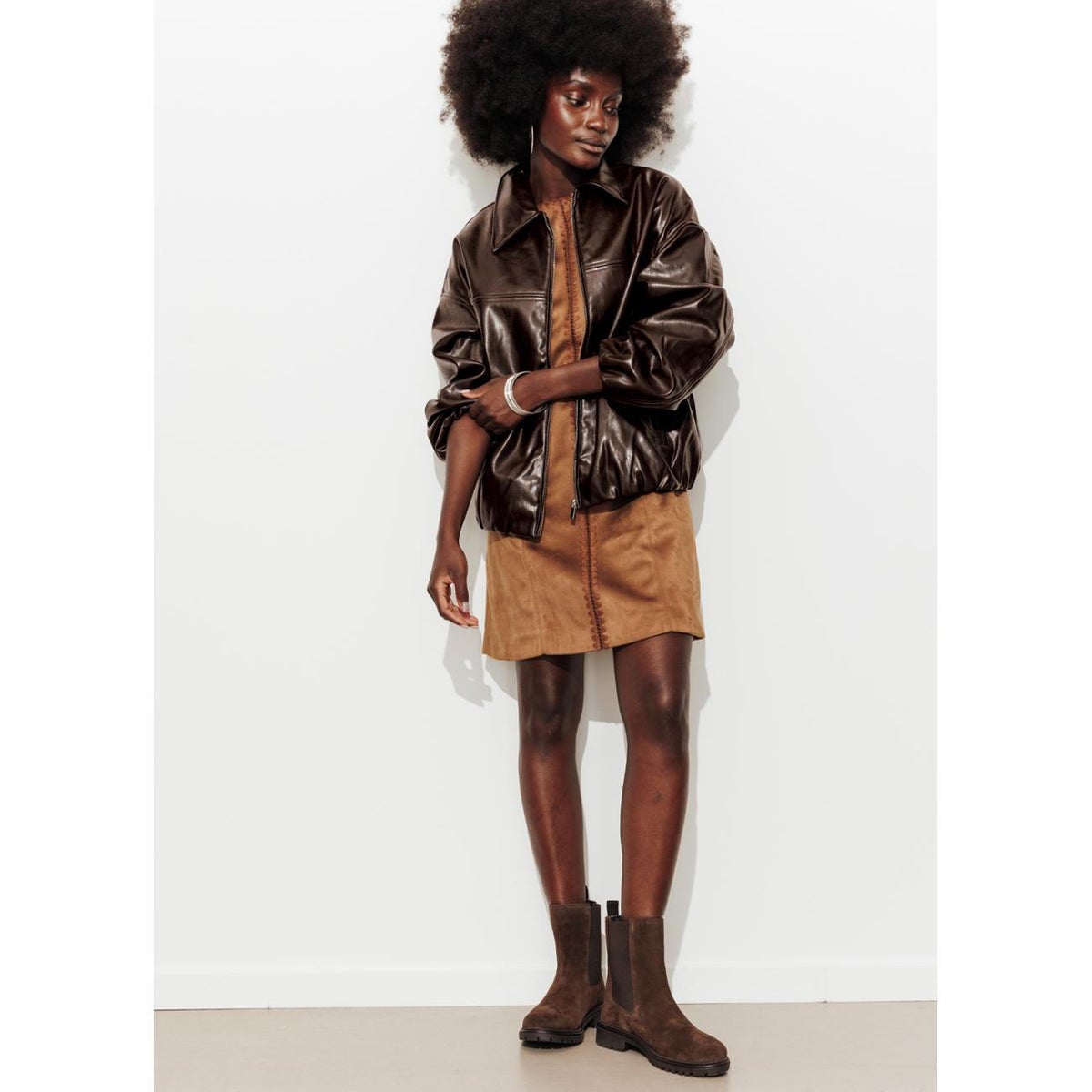 Blouson zippé en simili marron, PROMOD