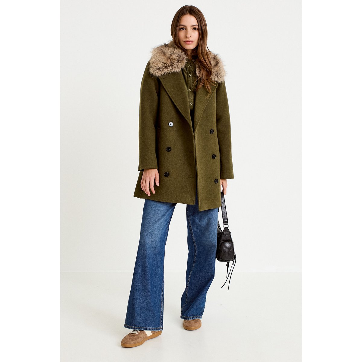 Manteau droit mi-long col tailleur vert kaki, CACHE CACHE