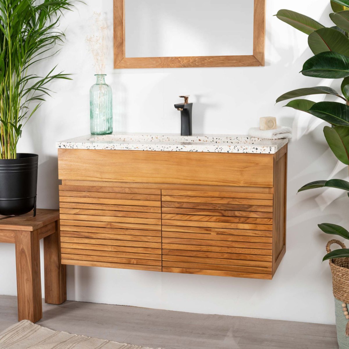 Meuble salle de bain en teck et terrazzo crème Aktual 90cm crème, WANDA COLLECTION