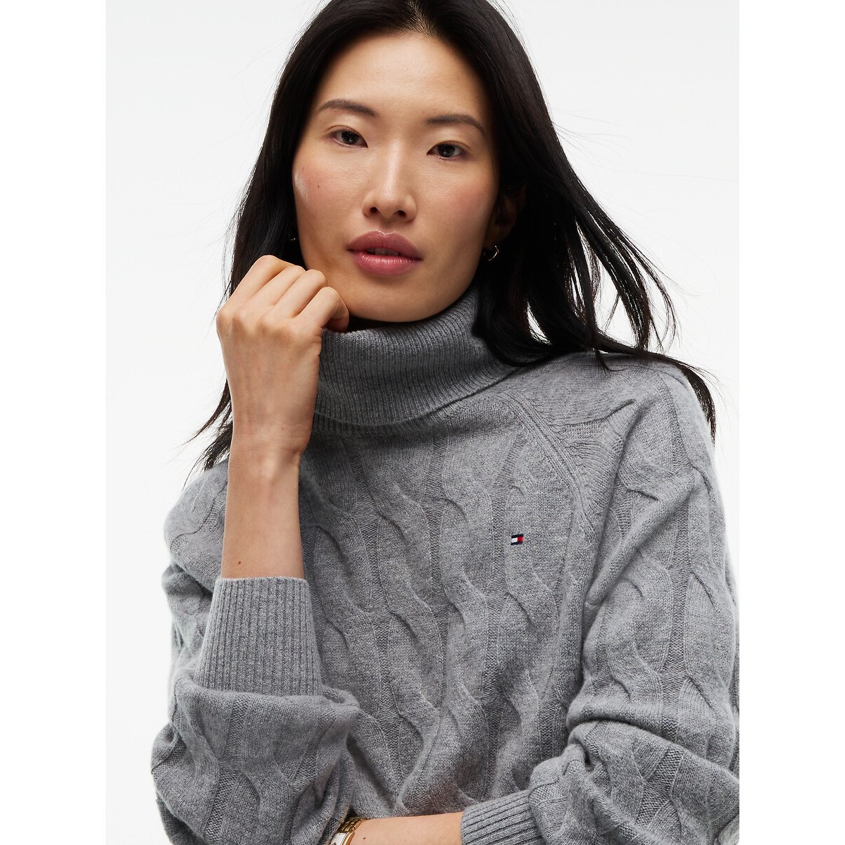 Pull torsadé à col roulé en laine gris chiné, TOMMY HILFIGER