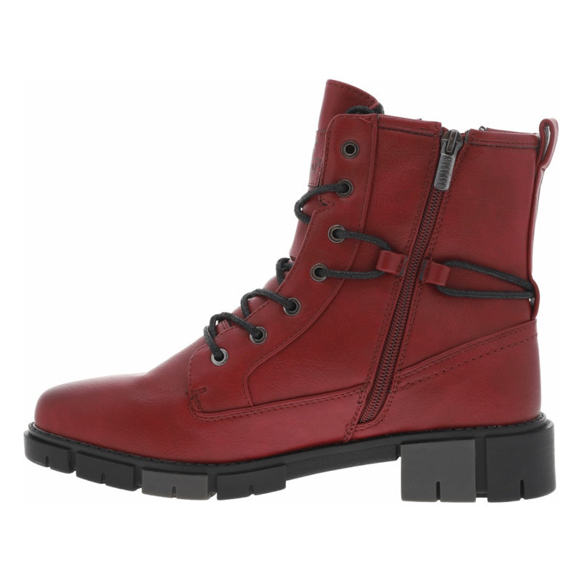 Bottines noires à talon décroché bas avec un zip des lacets ronds rouges, MUSTANG