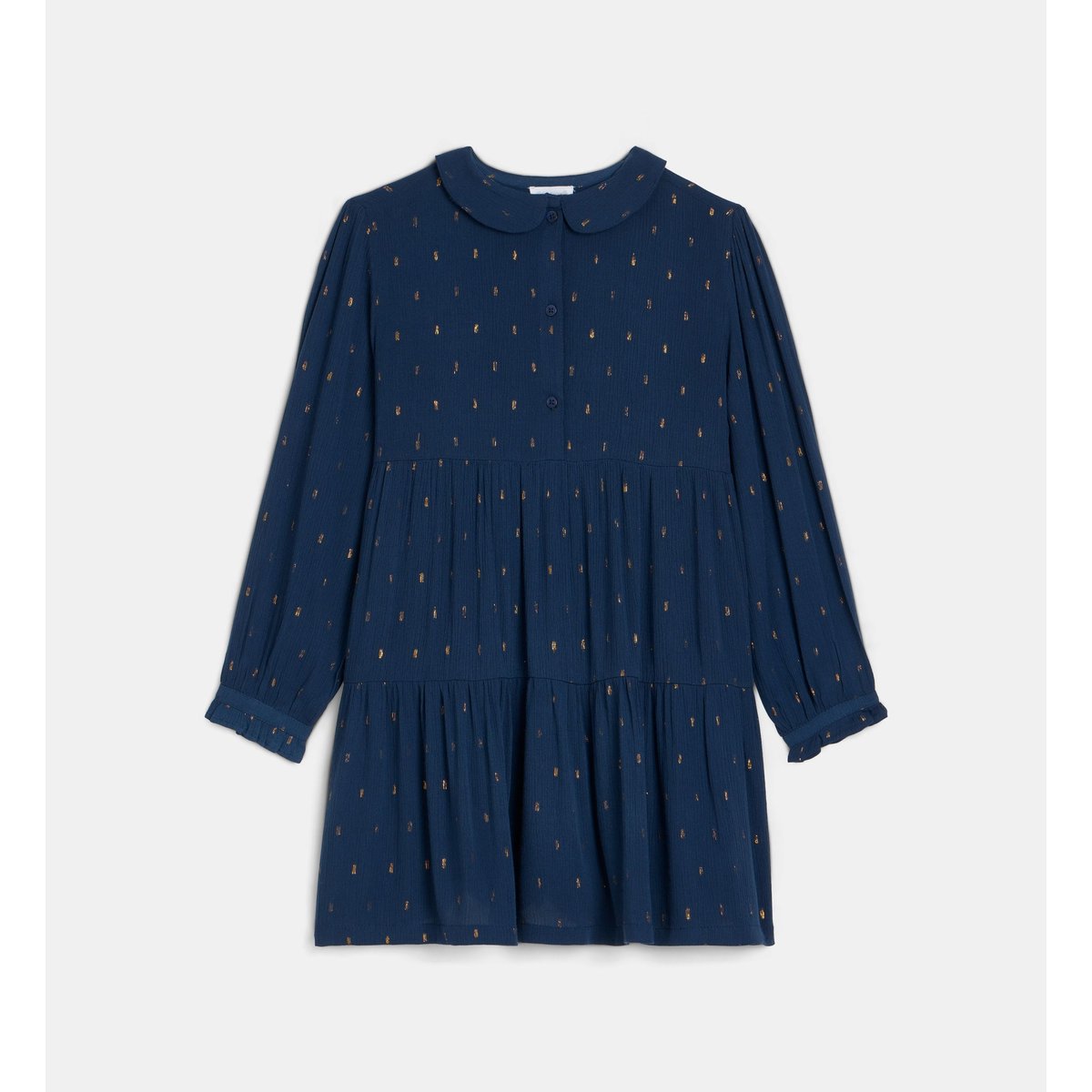 Robe vaurelia à col claudine et détails métallisés bleu et doré, CADET ROUSSELLE